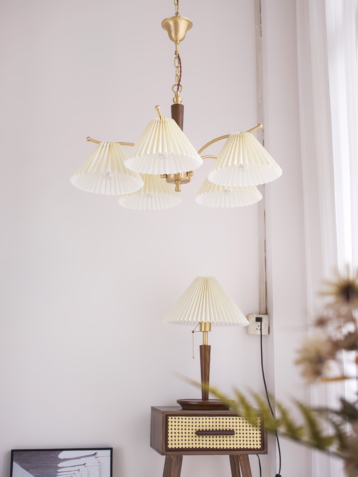 Modern Pleated Fabric Chandelier with Walnut Wood and Brass Accents for Contemporary Interiors