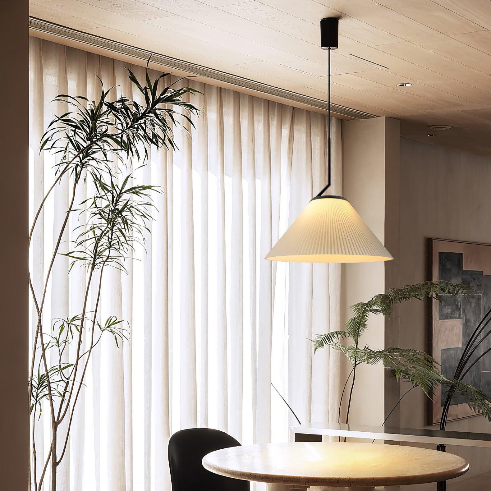 Modern Pleated Fabric Skirt Pendant Light with Beige Shade and Black Metal Frame