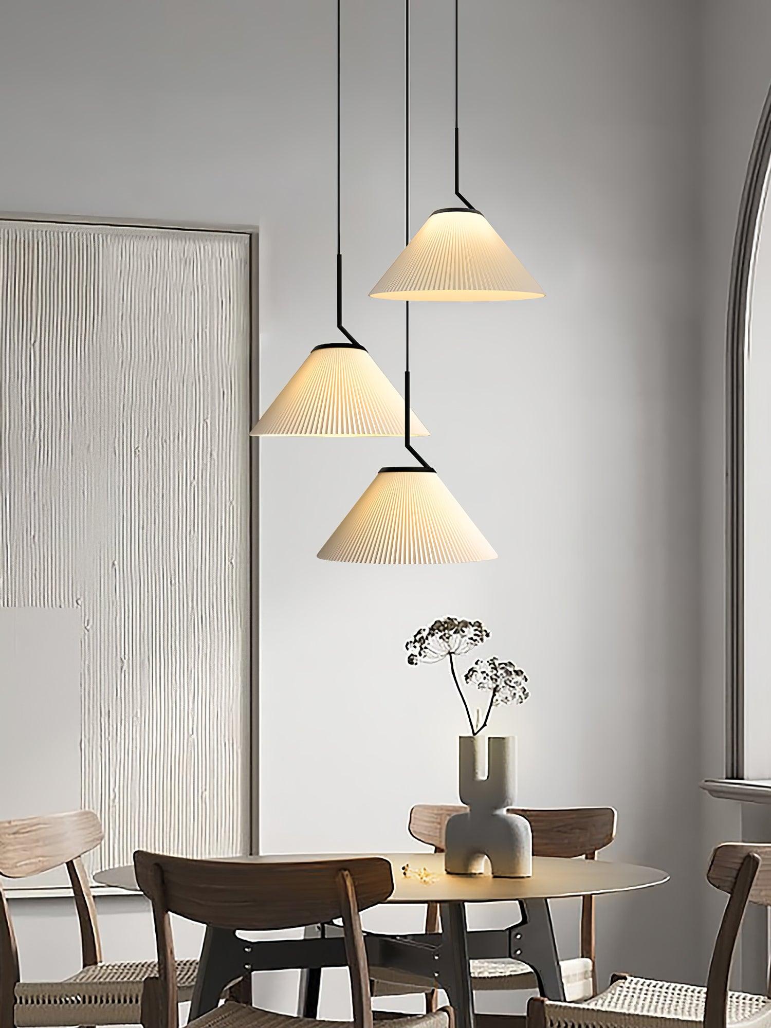 Modern Pleated Fabric Skirt Pendant Light with Beige Shade and Black Metal Frame