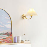 Modern Pleated Fabric Wall Sconce Set of 2 Elegant Brass Indoor Lighting Fixture for Bedroom and Living Room