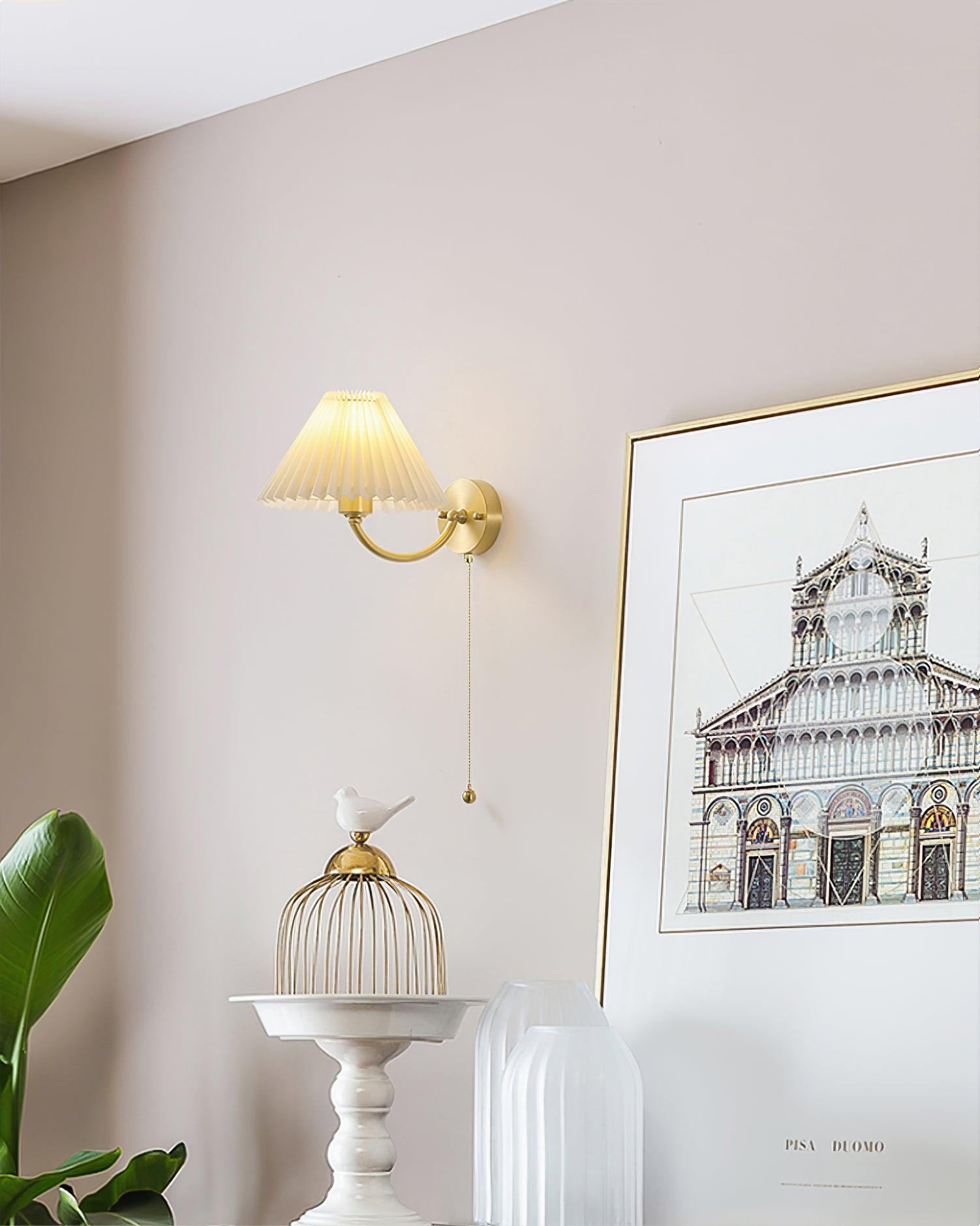 Modern Pleated Fabric Wall Sconce Set of 2 Elegant Brass Indoor Lighting Fixture for Bedroom and Living Room