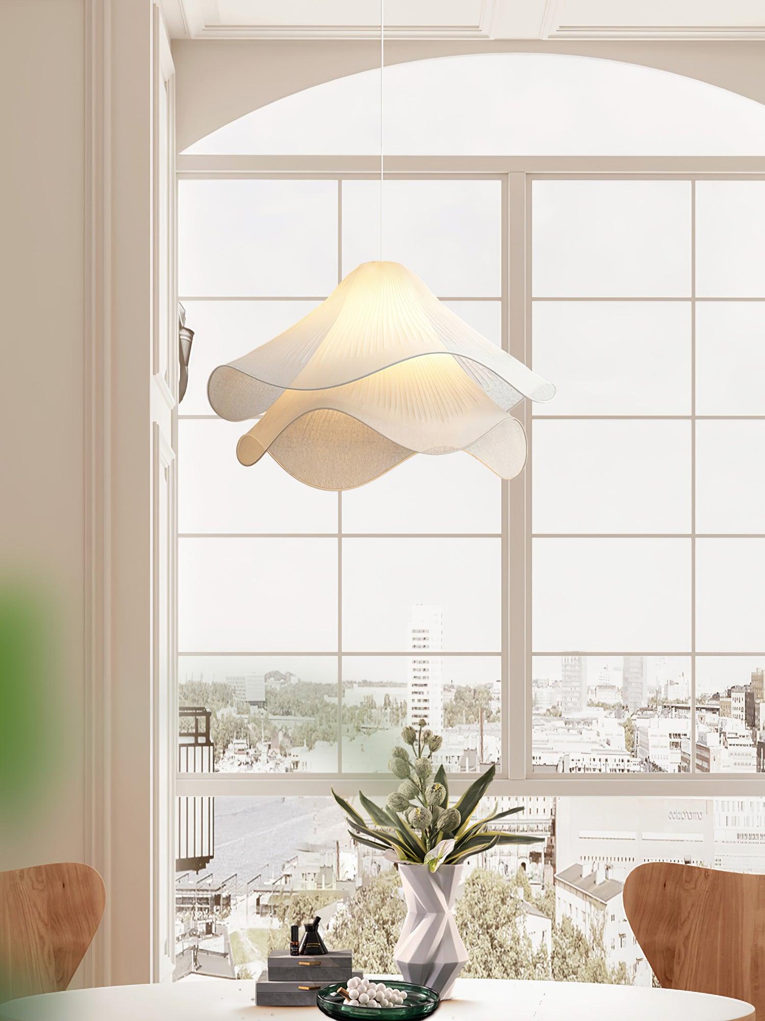 Modern Pleated White Fabric Pendant Light Botanical Layered Hanging Fixture with Gold Hardware