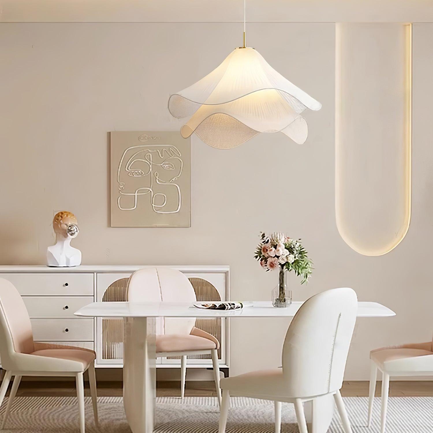 Modern Pleated White Fabric Pendant Light Botanical Layered Hanging Fixture with Gold Hardware