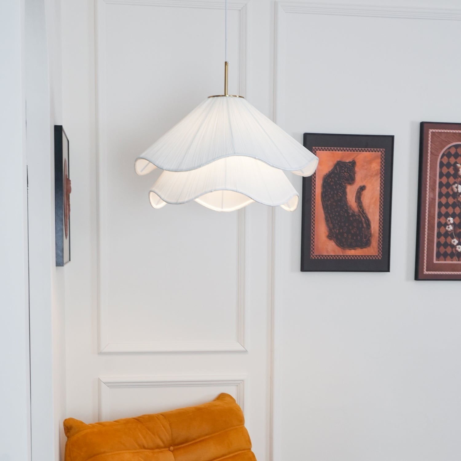 Modern Pleated White Fabric Pendant Light Botanical Layered Hanging Fixture with Gold Hardware