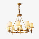Modern Polished Brass Crown Chandelier with Natural Linen Shades for Living Room