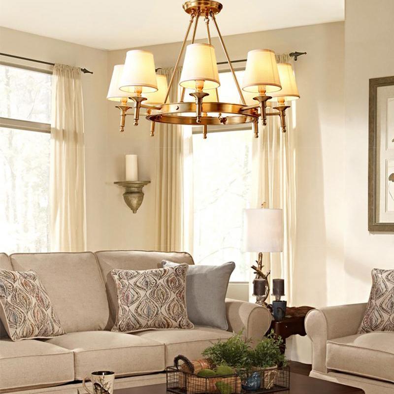 Modern Polished Brass Crown Chandelier with Natural Linen Shades for Living Room