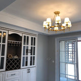 Modern Polished Brass Crown Chandelier with Natural Linen Shades for Living Room