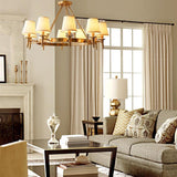 Modern Polished Brass Crown Chandelier with Natural Linen Shades for Living Room