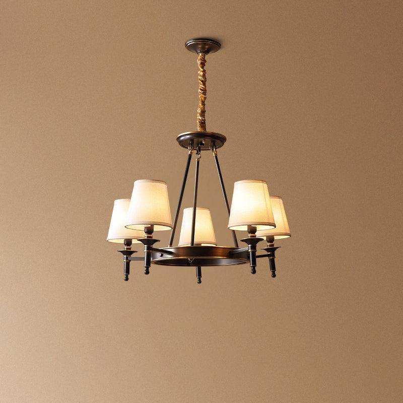 Modern Polished Brass Crown Chandelier with Natural Linen Shades for Living Room