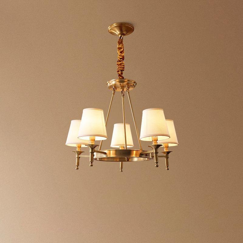 Modern Polished Brass Crown Chandelier with Natural Linen Shades for Living Room