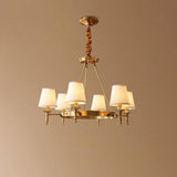 Modern Polished Brass Crown Chandelier with Natural Linen Shades for Living Room