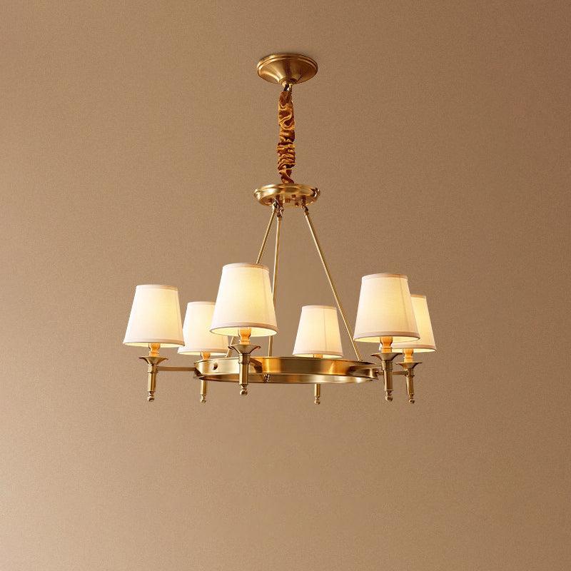 Modern Polished Brass Crown Chandelier with Natural Linen Shades for Living Room