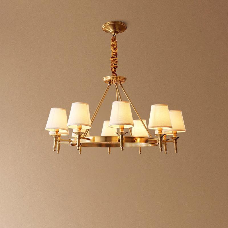 Modern Polished Brass Crown Chandelier with Natural Linen Shades for Living Room