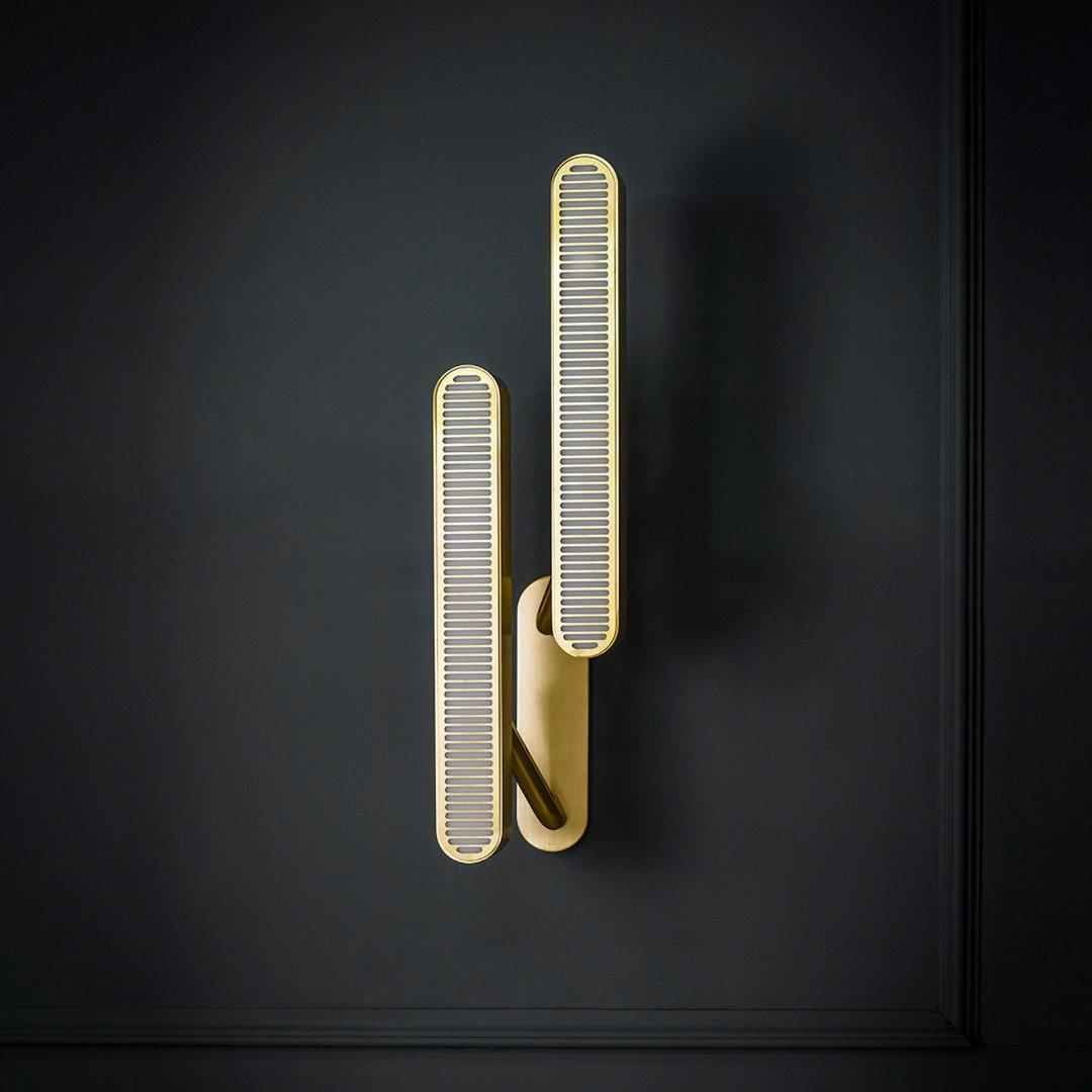Modern Polished Brass Slotted Grill Wall Sconce with Opal Diffuser and Integrated LED