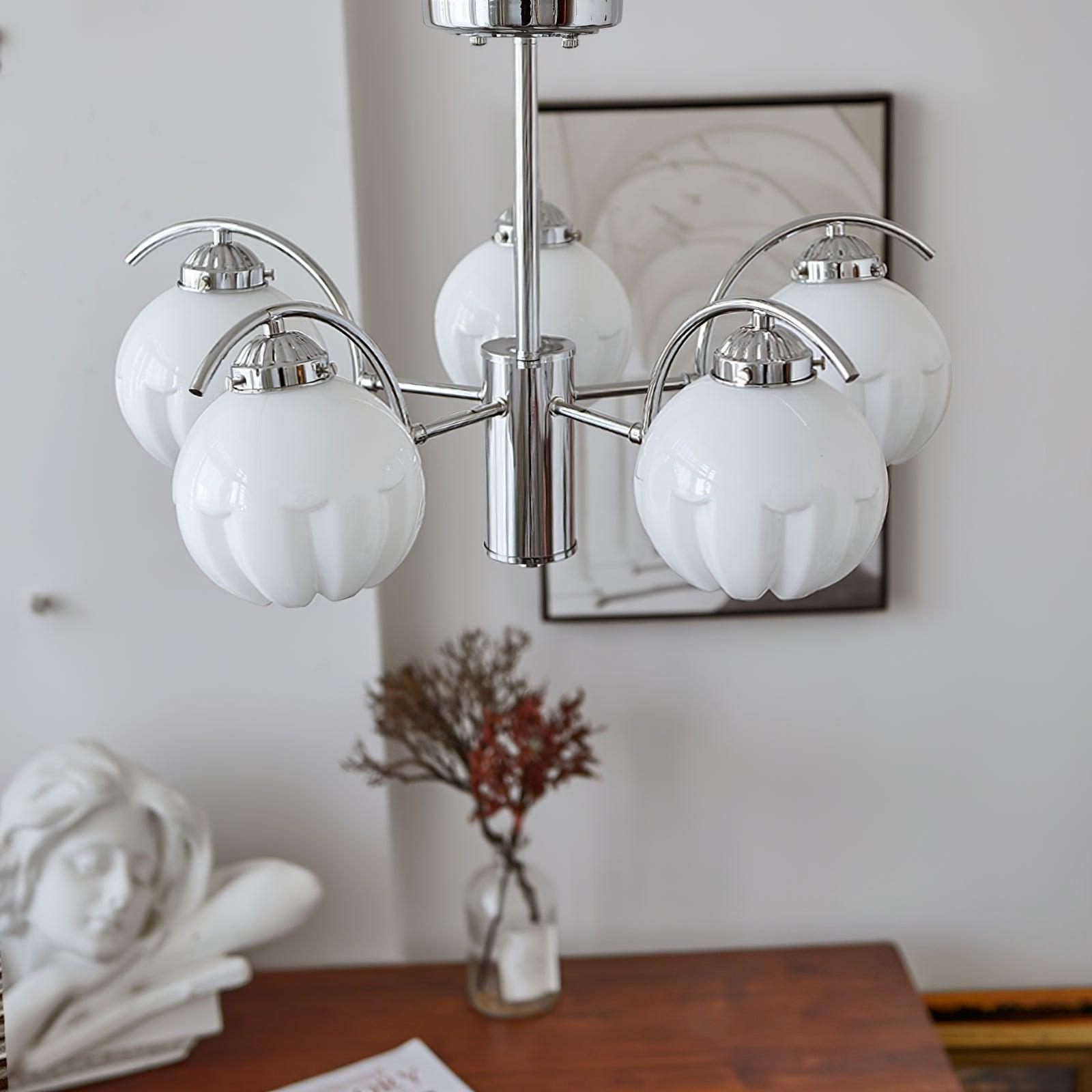 Modern Polished Chrome Pendant Light with White Glass Shades Litchford Adjustable Chandelier