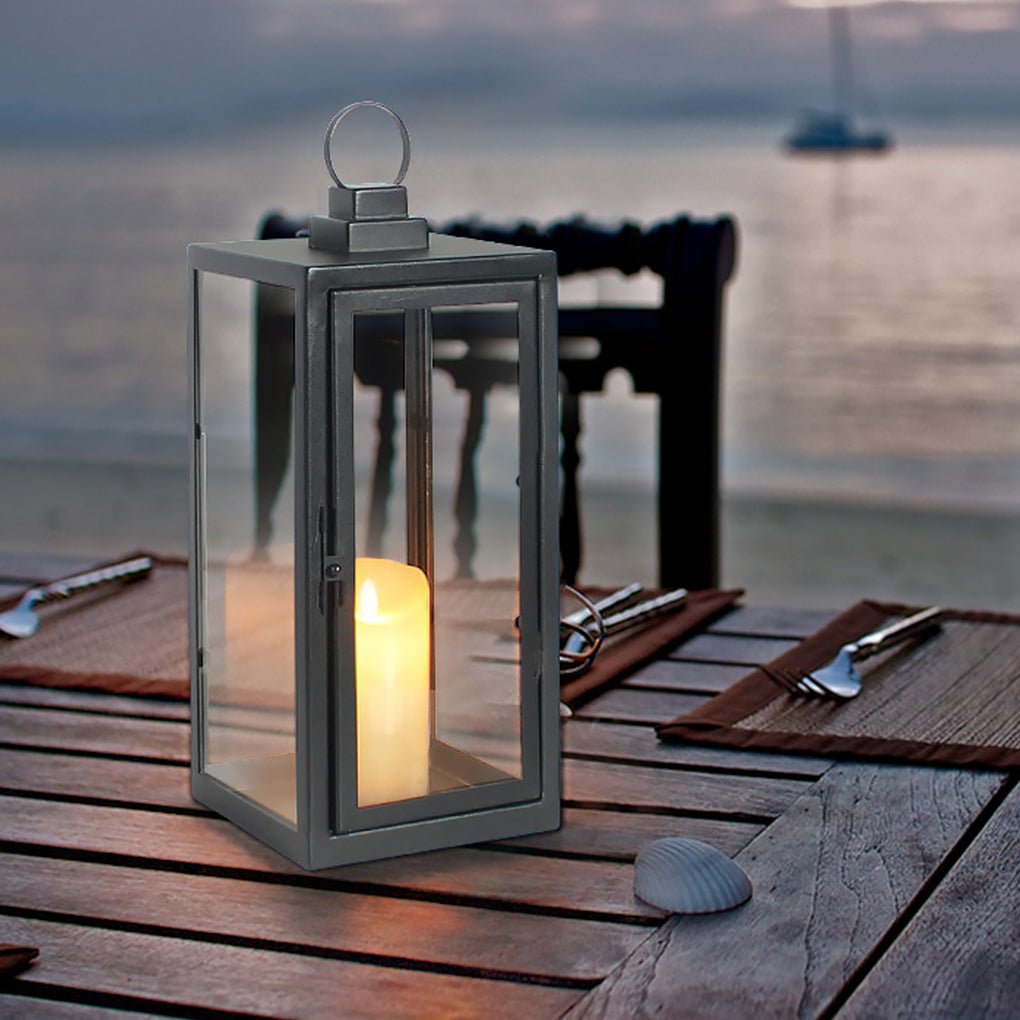 Modern Portable LED Outdoor Floor Lamp Rechargeable Candle Lantern with Glass and Steel