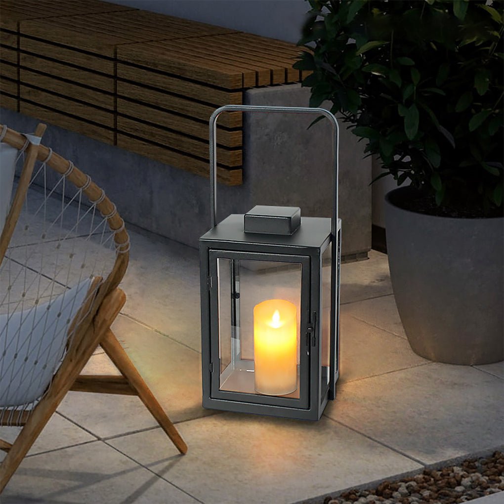 Modern Portable LED Outdoor Floor Lamp Rechargeable Candle Lantern with Glass and Steel