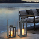 Modern Portable LED Outdoor Floor Lamp Rechargeable Candle Lantern with Glass and Steel