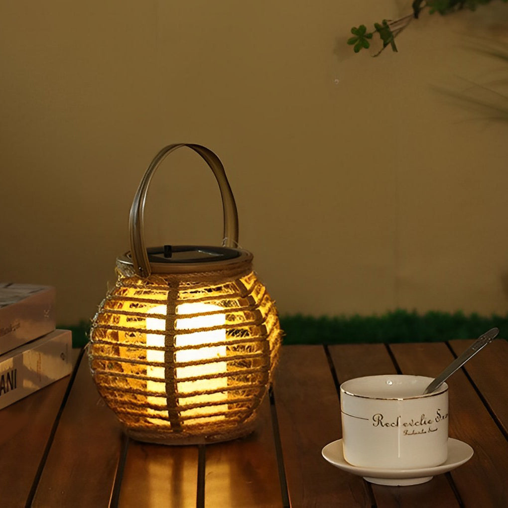 Modern Portable Solar Powered LED Outdoor Rattan Lantern for Garden Patio and Balcony
