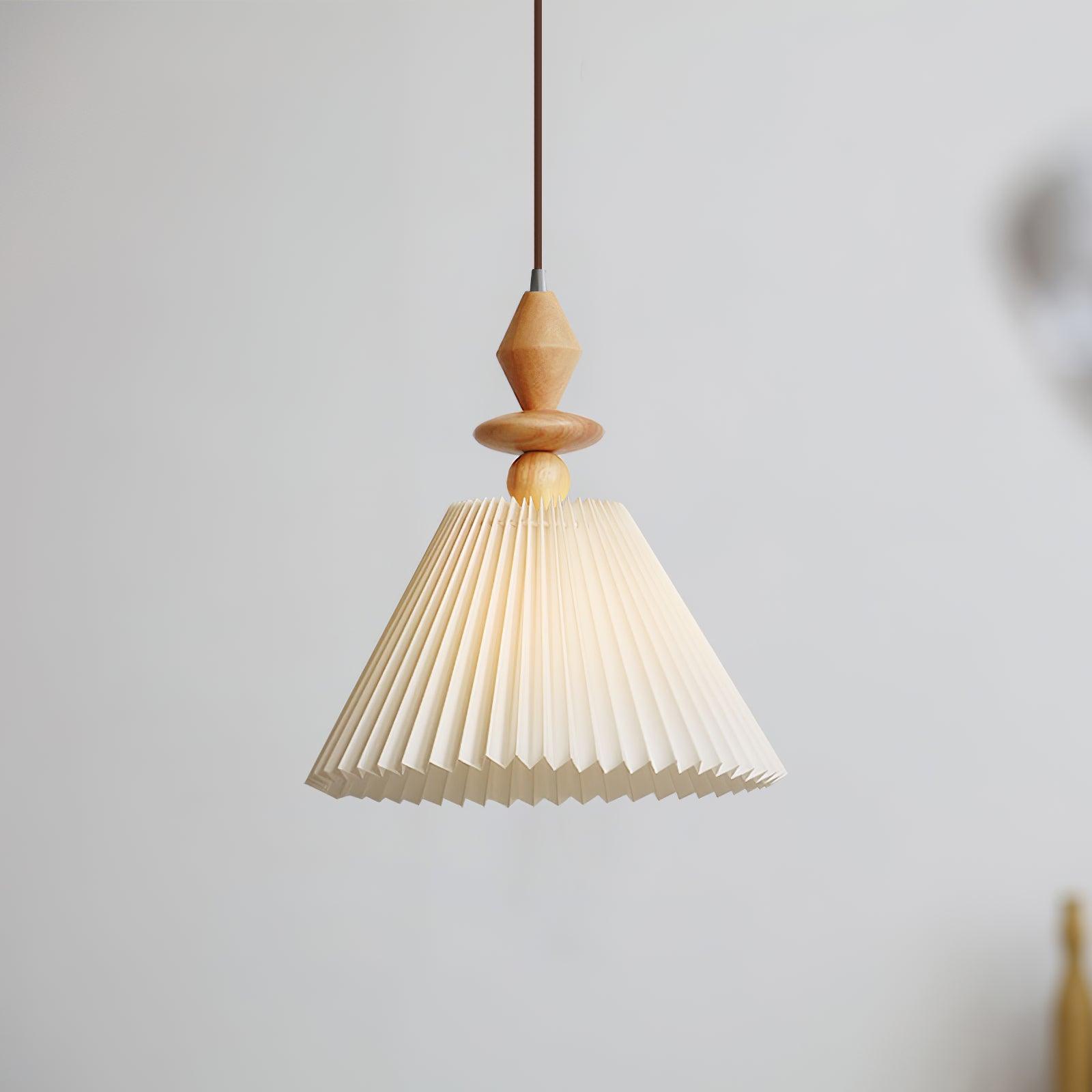 Modern Prairie Pleated Shade Pendant Light with Hand Turned Wood Details