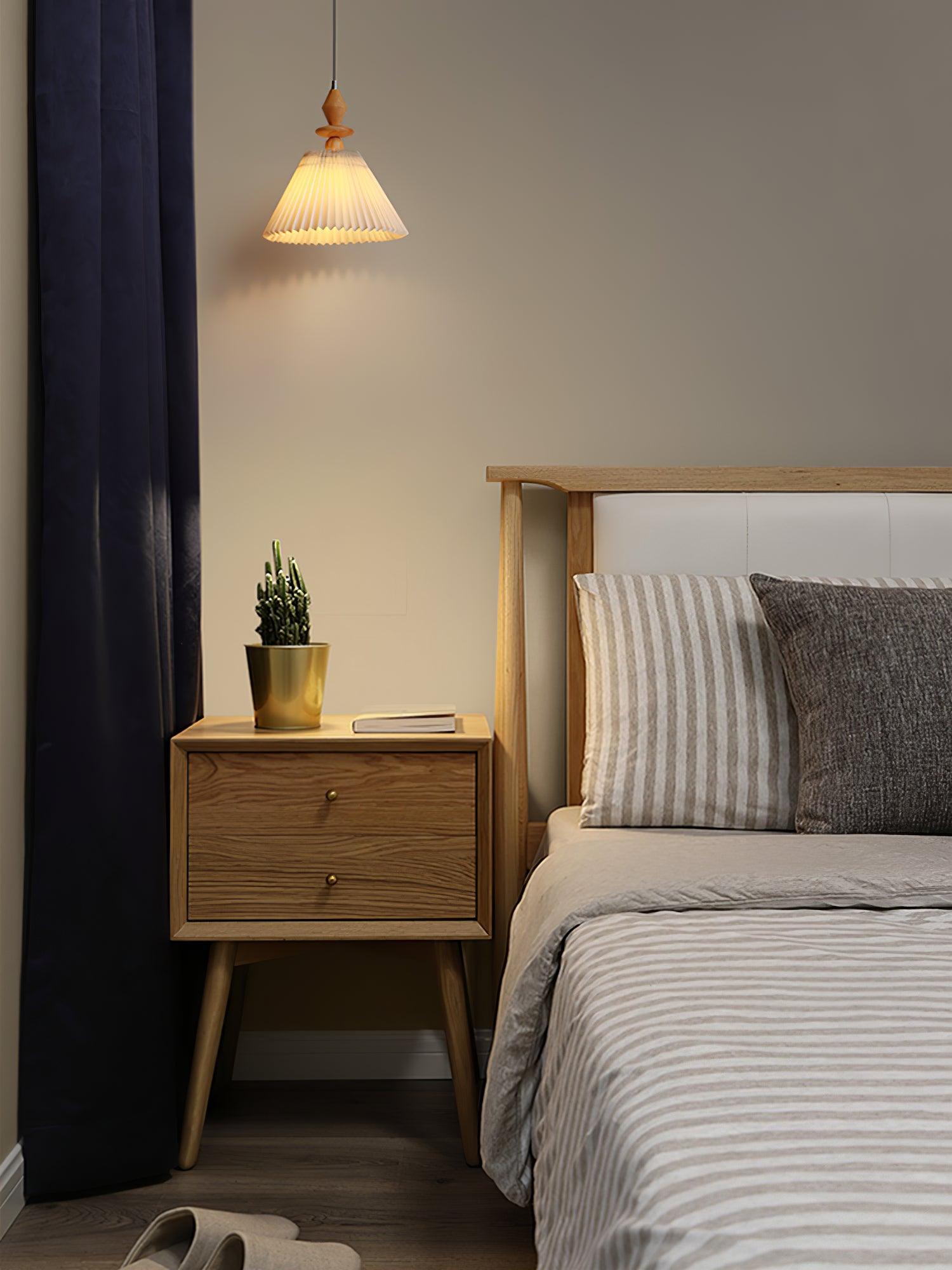 Modern Prairie Pleated Shade Pendant Light with Hand Turned Wood Details