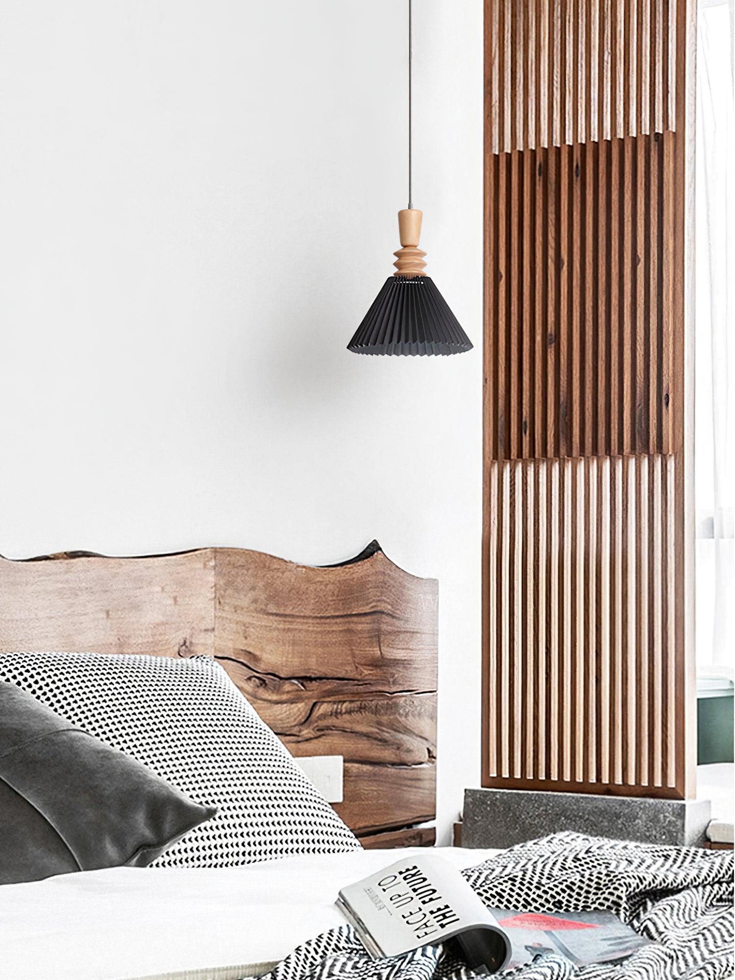 Modern Prairie Pleated Shade Pendant Light with Hand Turned Wood Details