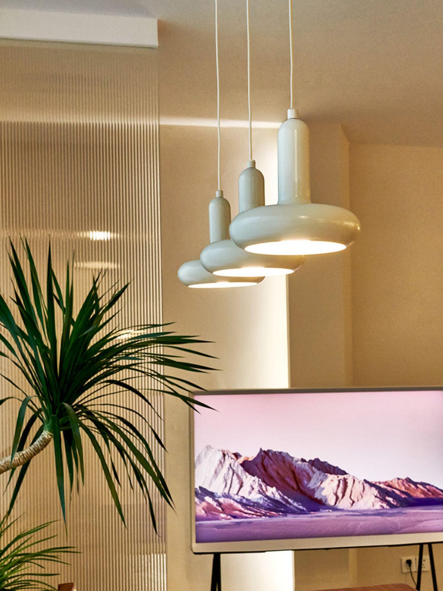 Modern Puck Drop Pendant Light Minimalist Metal Ceiling Hanging Lamp in Cream Finish