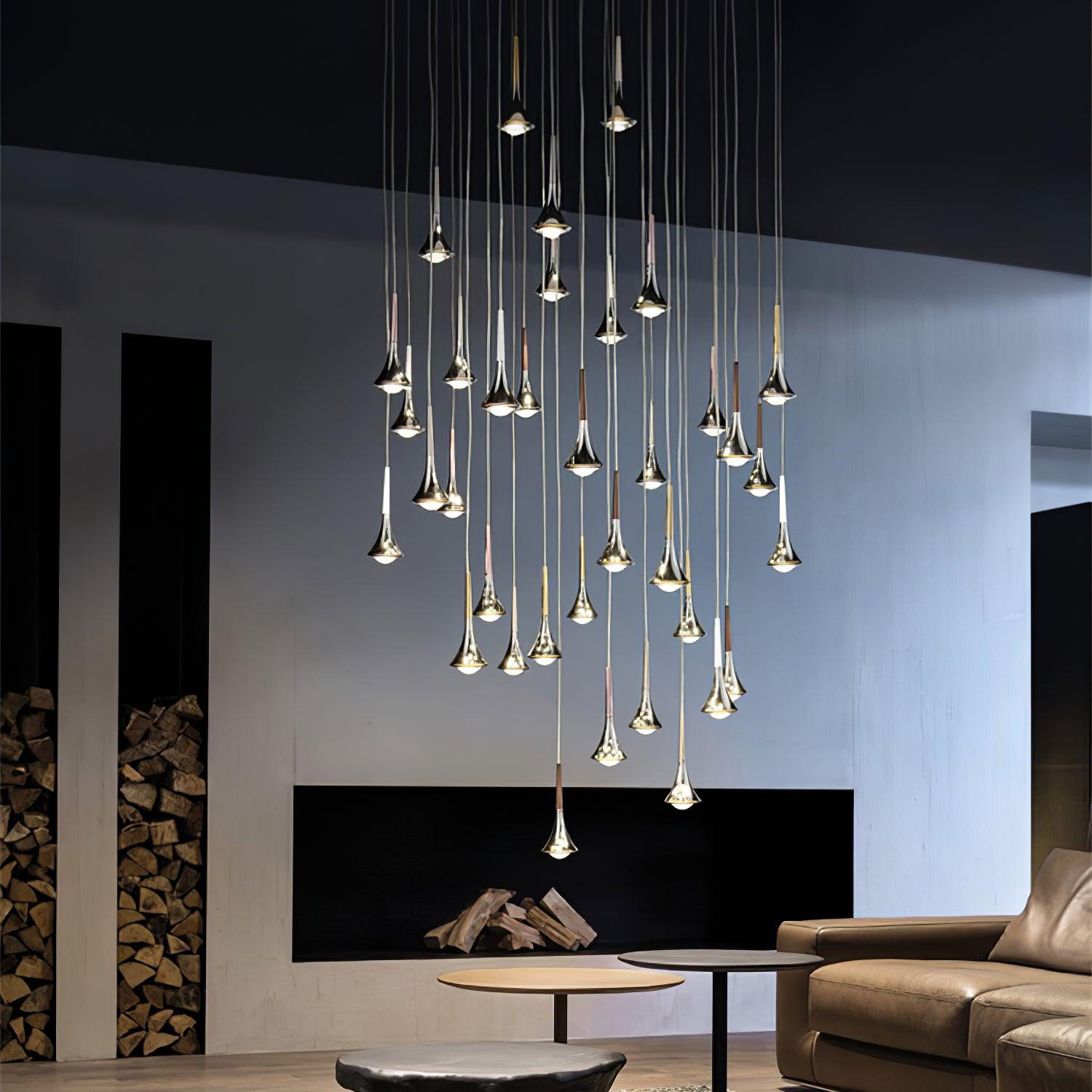 Modern Rain Multi Cascading Glass LED Pendant Light Chrome Drop Chandelier for Indoor Spaces