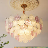 Modern Rainbow Petal Branch Chandelier Gold Finish with Pink and White Glass Discs
