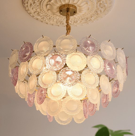 Modern Rainbow Petal Branch Chandelier Gold Finish with Pink and White Glass Discs