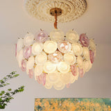 Modern Rainbow Petal Branch Chandelier Gold Finish with Pink and White Glass Discs