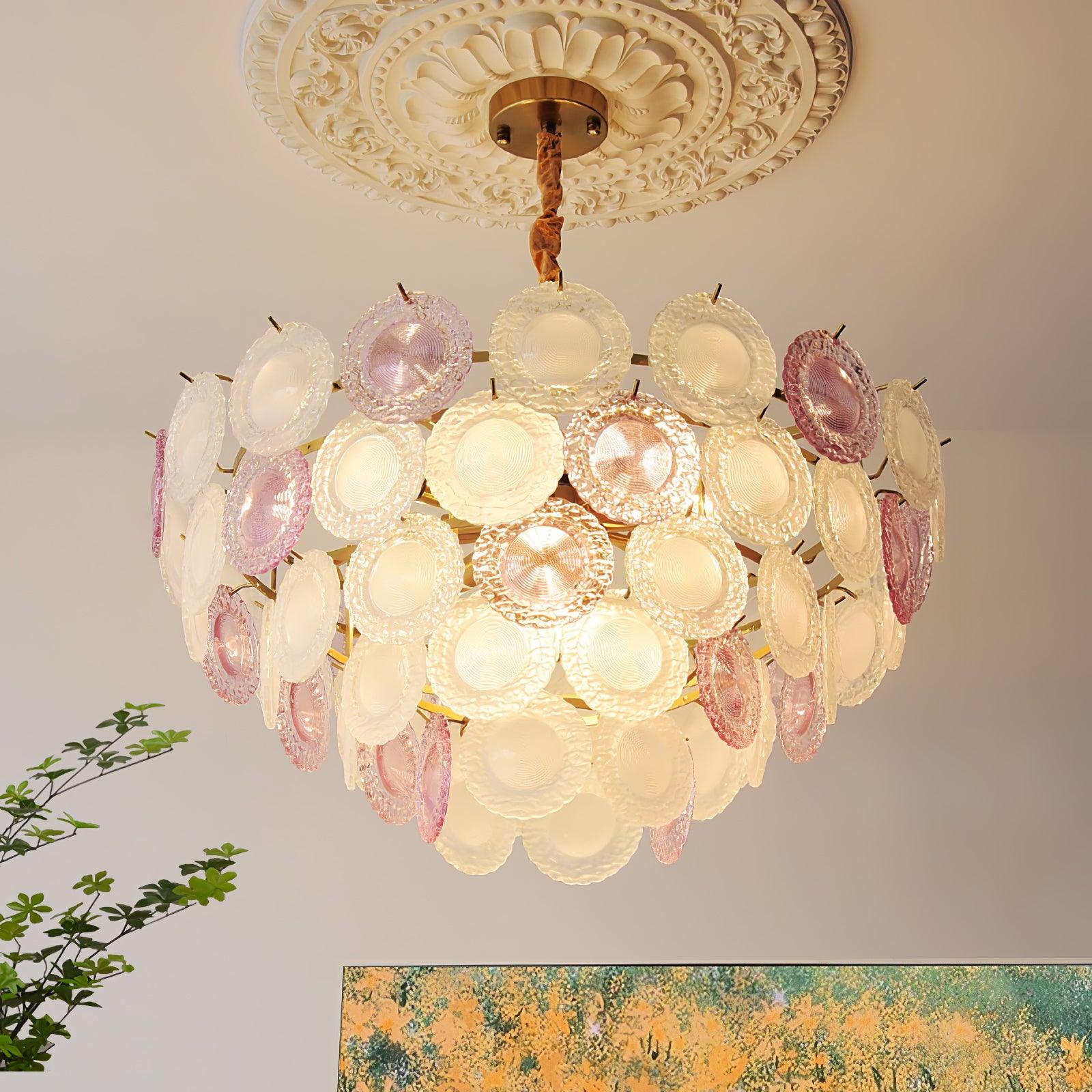 Modern Rainbow Petal Branch Chandelier Gold Finish with Pink and White Glass Discs