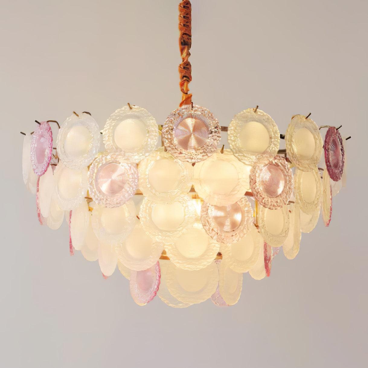 Modern Rainbow Petal Branch Chandelier Gold Finish with Pink and White Glass Discs