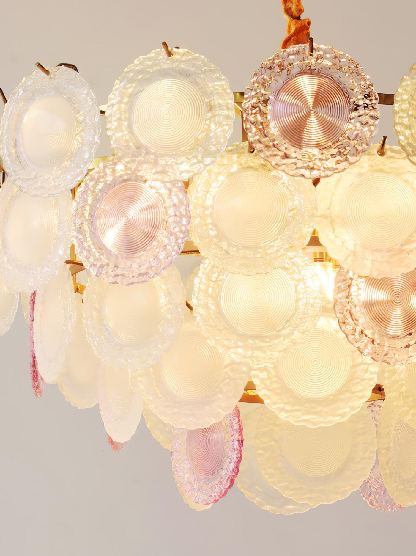 Modern Rainbow Petal Branch Chandelier Gold Finish with Pink and White Glass Discs