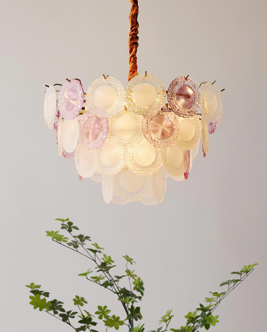 Modern Rainbow Petal Branch Chandelier Gold Finish with Pink and White Glass Discs