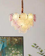 Modern Rainbow Petal Branch Chandelier Gold Finish with Pink and White Glass Discs