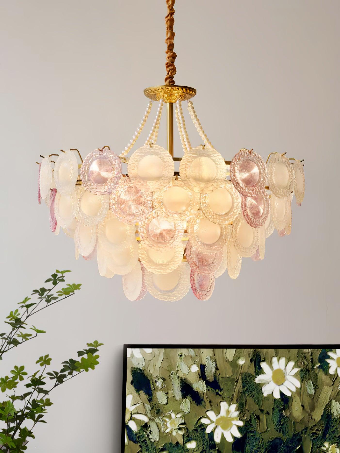 Modern Rainbow Petal Branch Chandelier Gold Finish with Pink and White Glass Discs