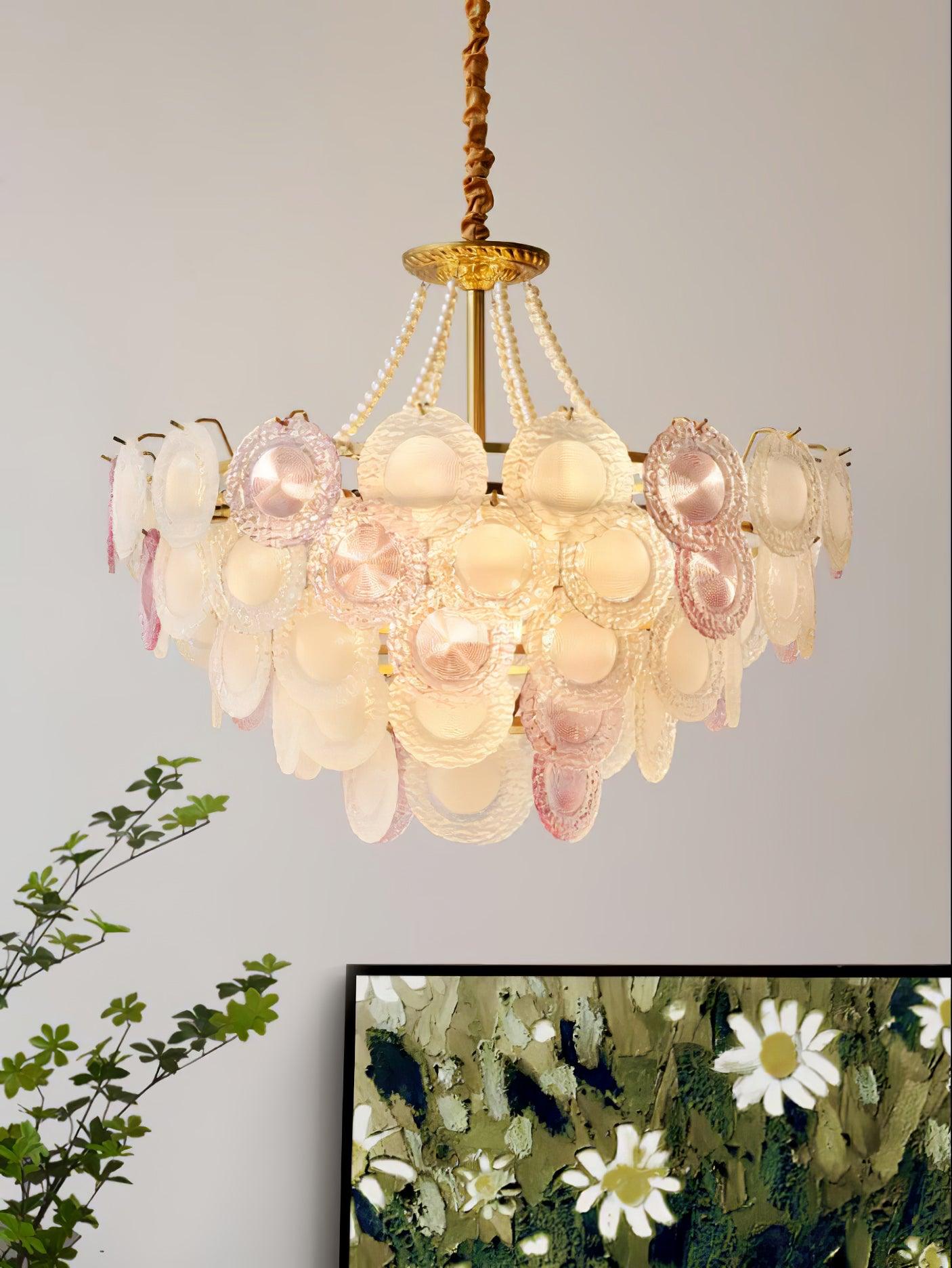Modern Rainbow Petal Branch Chandelier Gold Finish with Pink and White Glass Discs