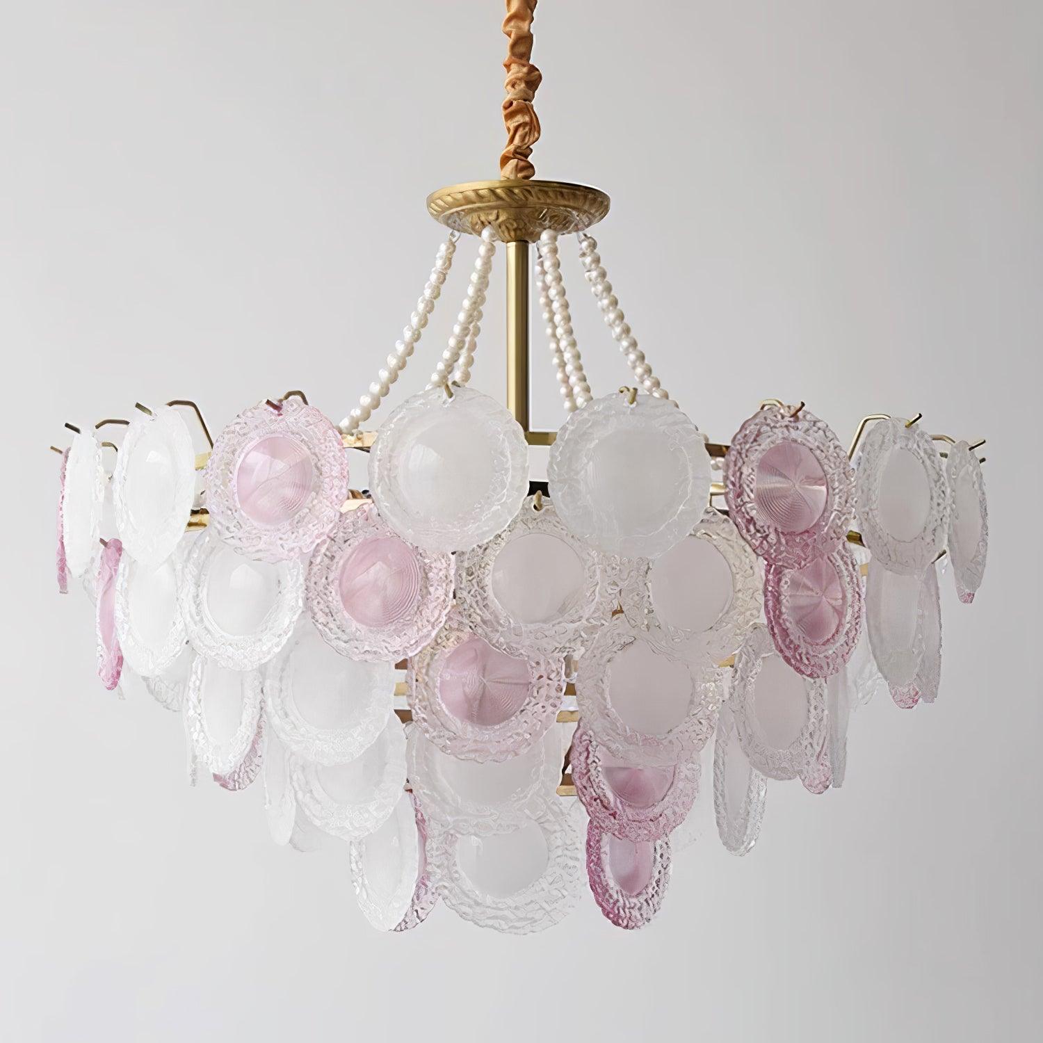 Modern Rainbow Petal Branch Chandelier Gold Finish with Pink and White Glass Discs