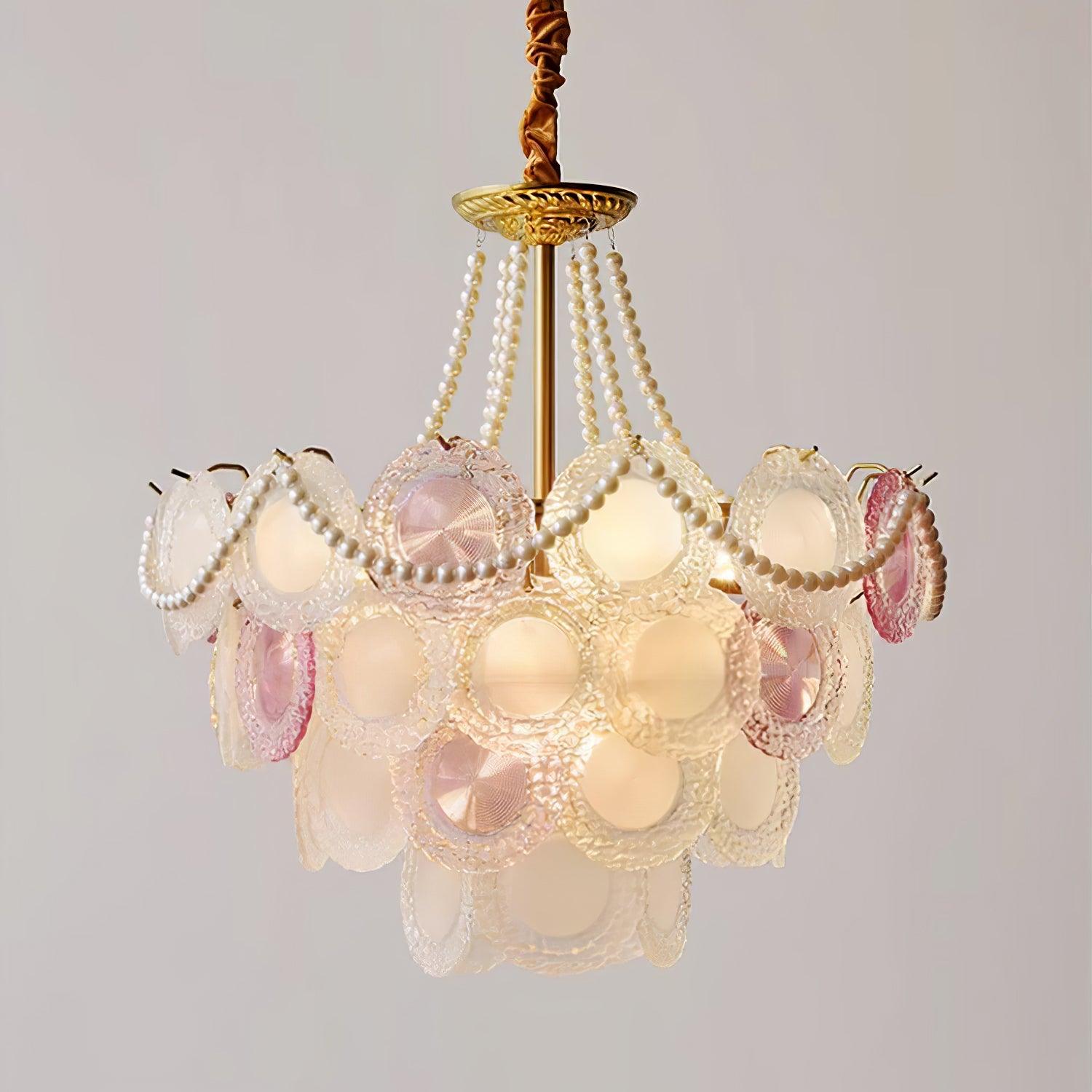Modern Rainbow Petal Branch Chandelier Gold Finish with Pink and White Glass Discs