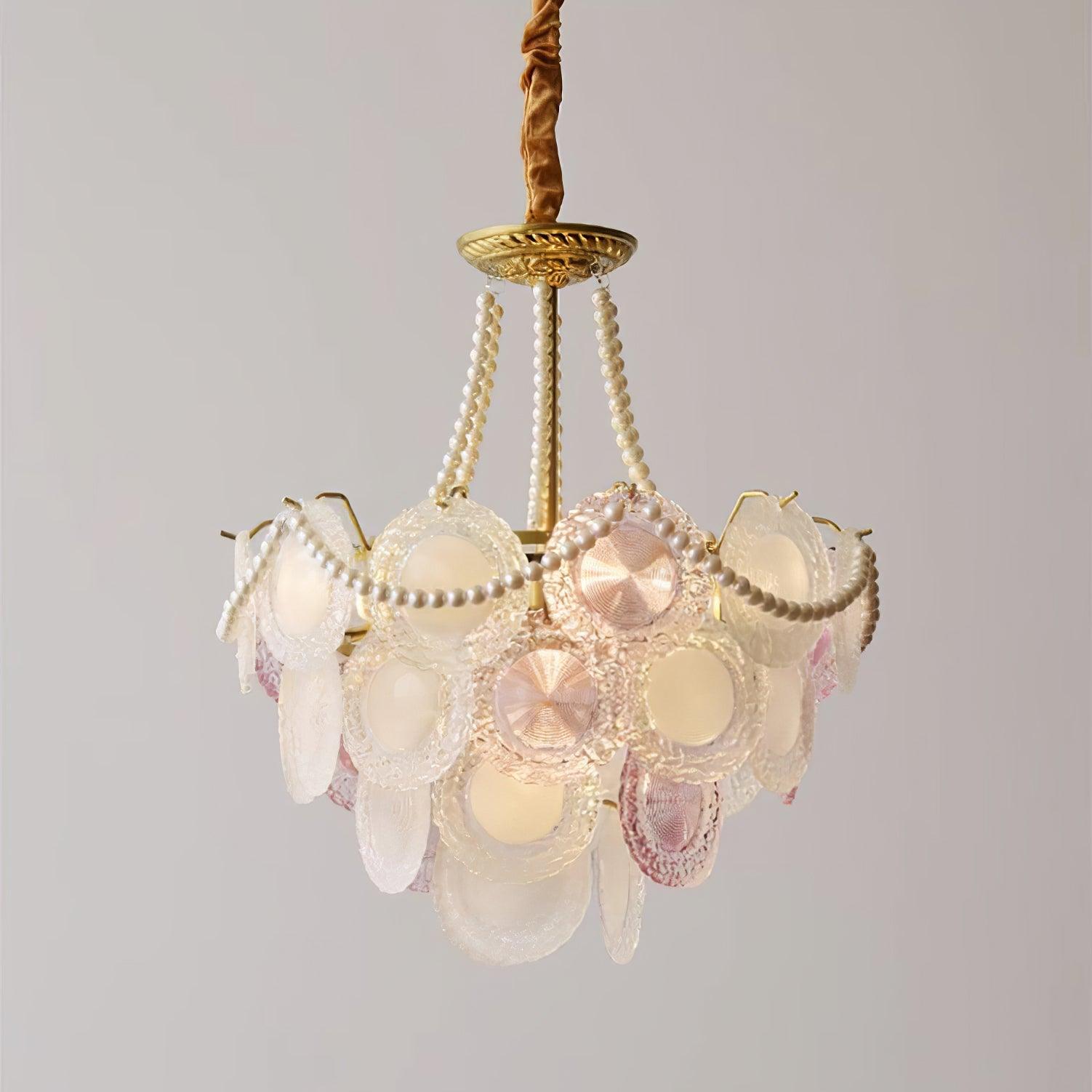 Modern Rainbow Petal Branch Chandelier Gold Finish with Pink and White Glass Discs
