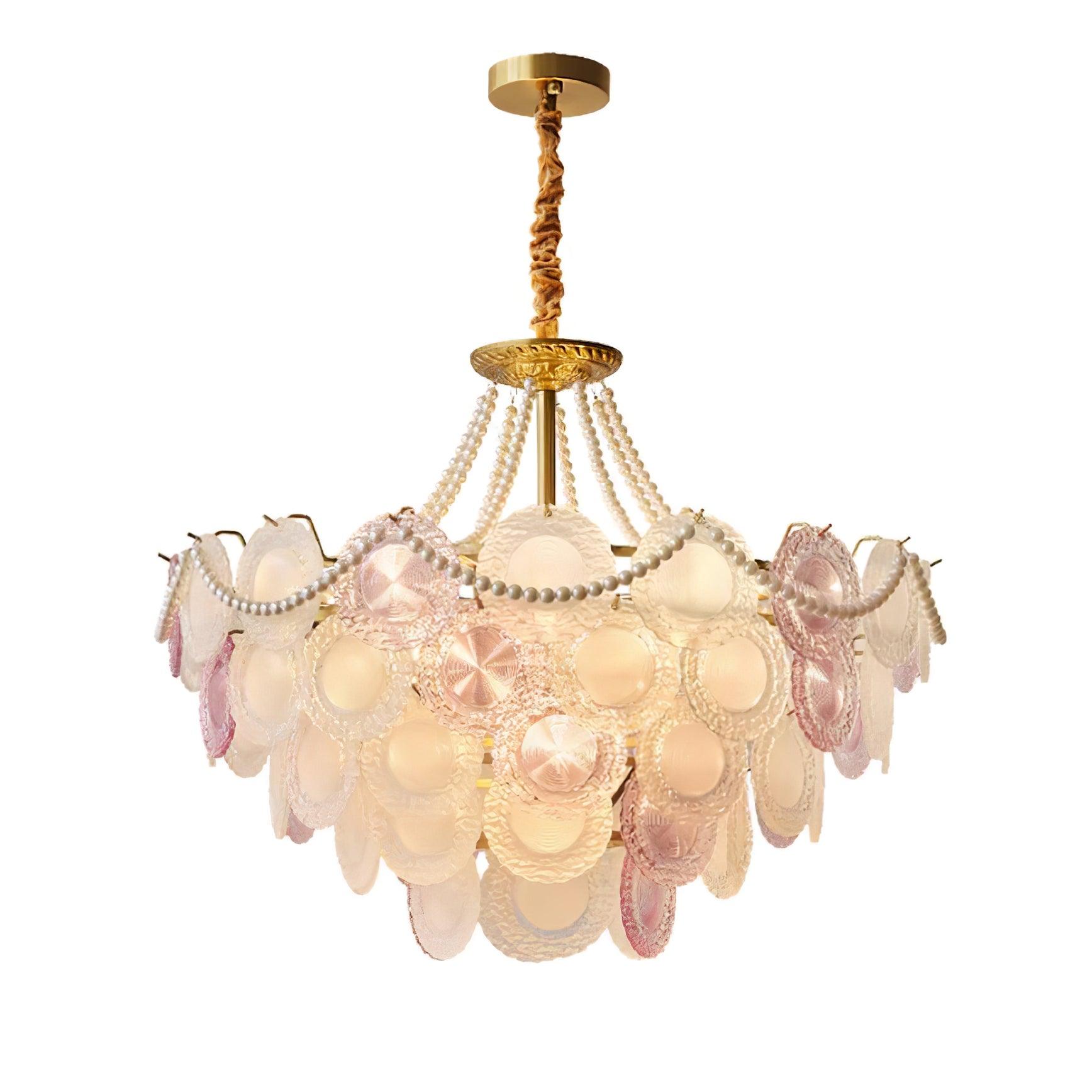 Modern Rainbow Petal Branch Chandelier Gold Finish with Pink and White Glass Discs