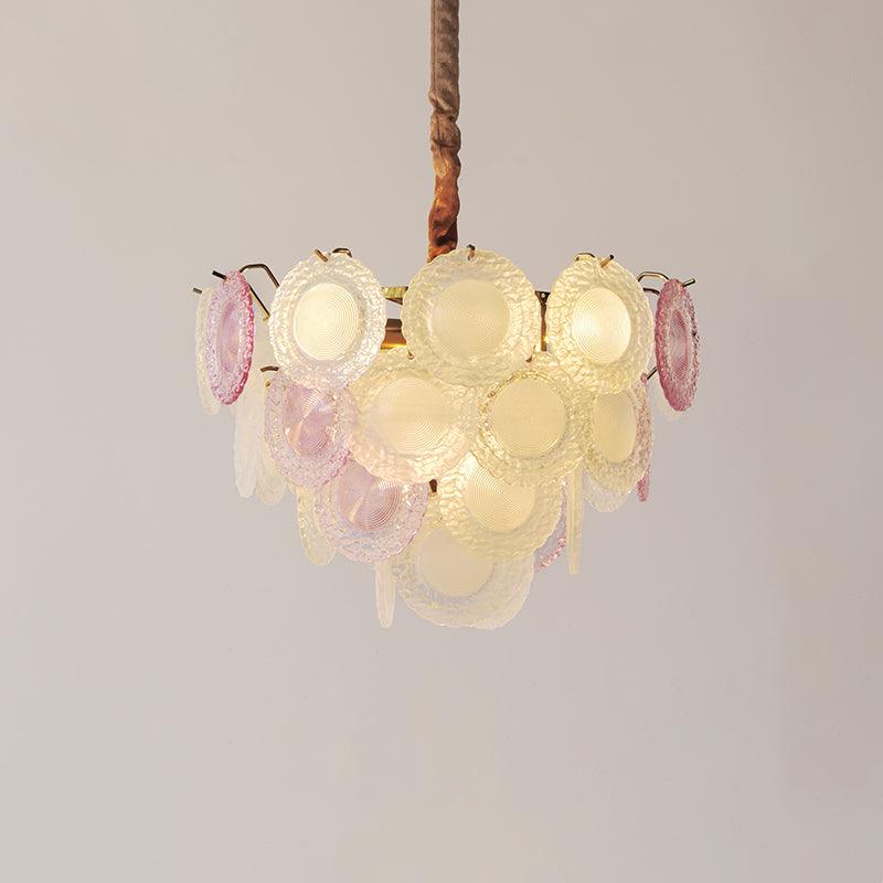 Modern Rainbow Petal Branch Chandelier Gold Finish with Pink and White Glass Discs