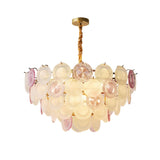 Modern Rainbow Petal Branch Chandelier Gold Finish with Pink and White Glass Discs