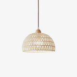 Modern Rattan Arch Pendant Light Handcrafted Wood and Woven Fiber Hanging Ceiling Lamp for Dining Room