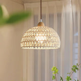 Modern Rattan Arch Pendant Light Handcrafted Wood and Woven Fiber Hanging Ceiling Lamp for Dining Room