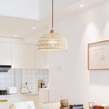 Modern Rattan Arch Pendant Light Handcrafted Wood and Woven Fiber Hanging Ceiling Lamp for Dining Room