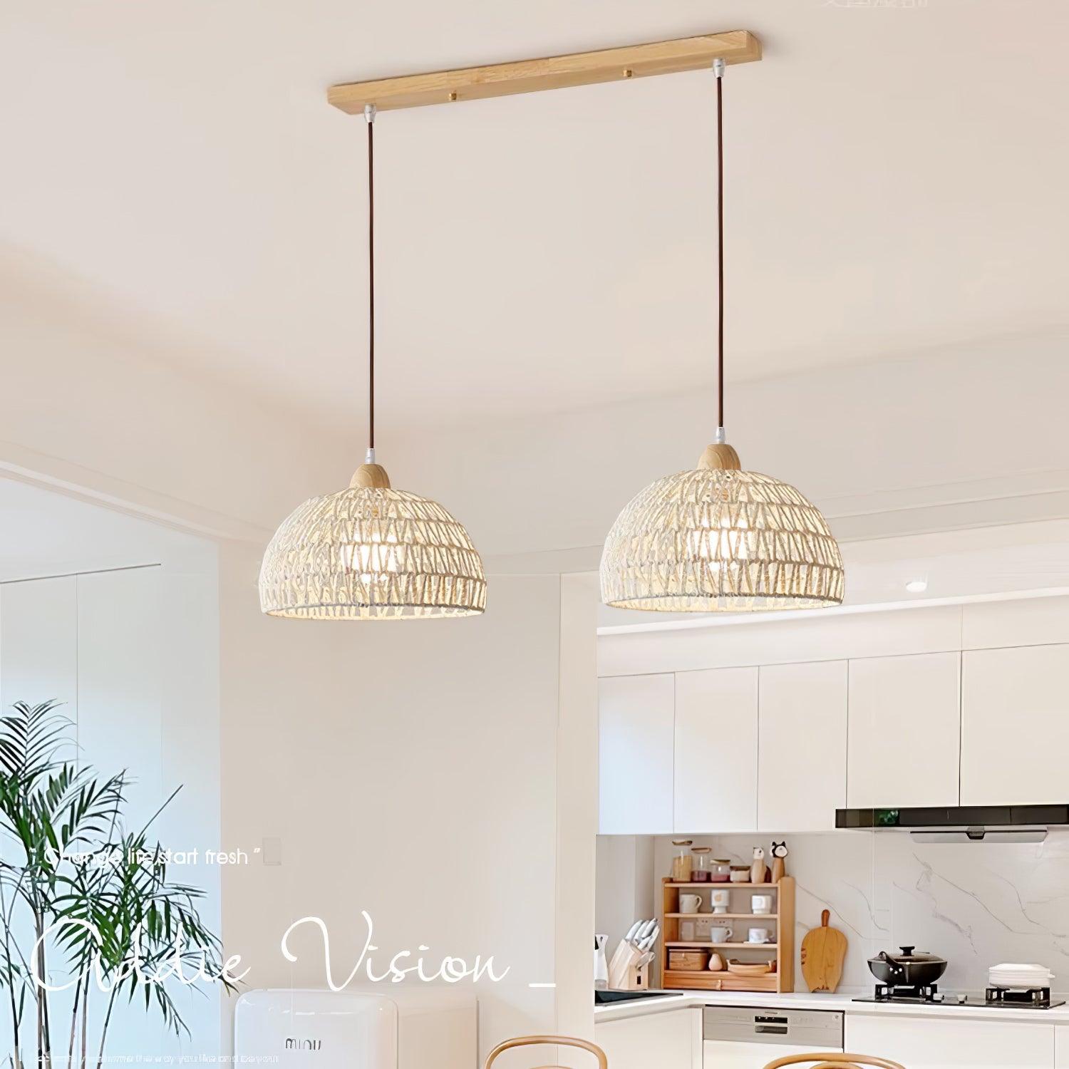 Modern Rattan Arch Pendant Light Handcrafted Wood and Woven Fiber Hanging Ceiling Lamp for Dining Room