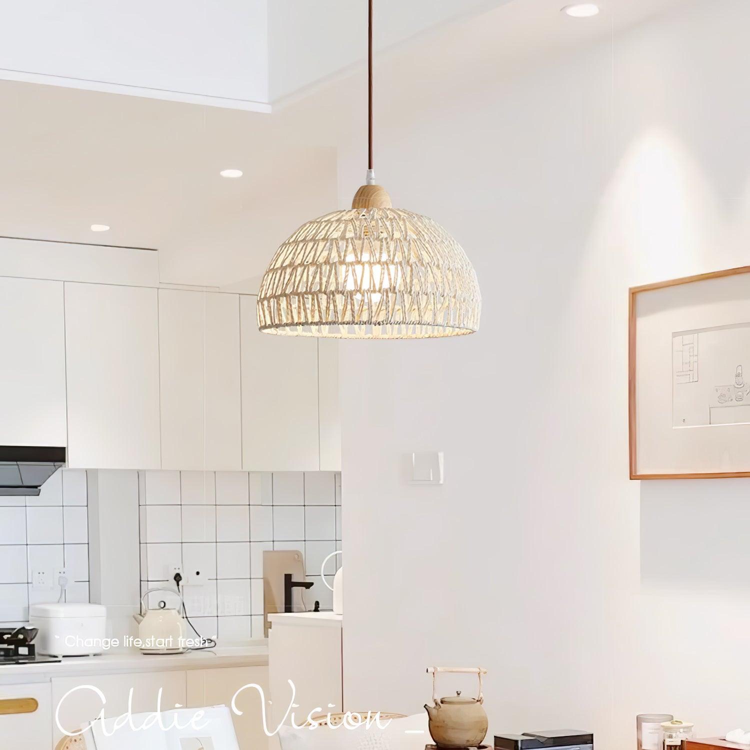 Modern Rattan Arch Pendant Light Handcrafted Wood and Woven Fiber Hanging Ceiling Lamp for Dining Room