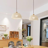 Modern Rattan Arch Pendant Light Handcrafted Wood and Woven Fiber Hanging Ceiling Lamp for Dining Room